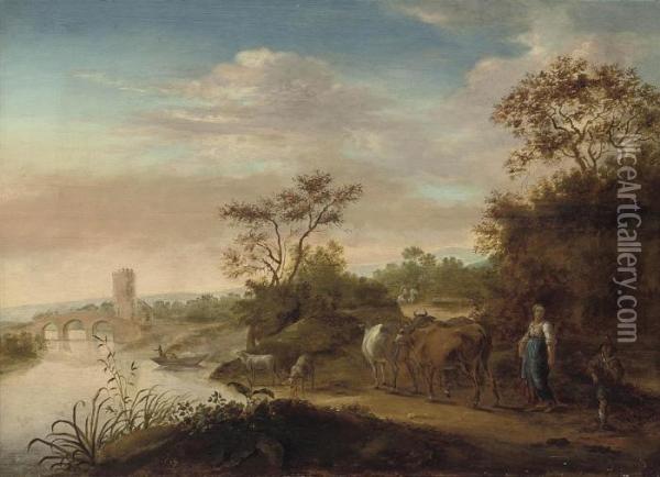 A Wooded River Landscape With A Drover And Her Cattlewatering Oil Painting - Nicolaes Berchem