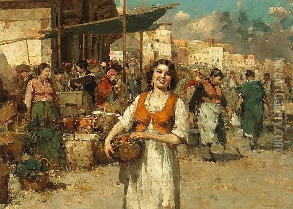 A Market Scene With A Woman Holding A Basket In The Foreground; Also A Companion Painting (a Pair) Oil Painting - Giuseppe Pitto