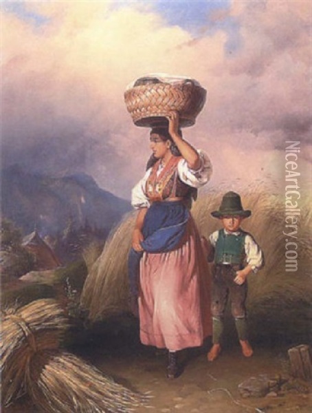 Mutter Mit Kind Auf Hochalm Im Salzkammergut Oil Painting - Johann Baptist Wengler