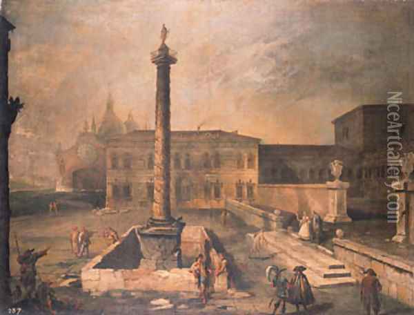 A capriccio of a piazza in front of a palace with the Column of Marcus Aurelius, pilgrims and townsfolk, a domed church beyond Oil Painting - (Giovanni Antonio Canal) Canaletto