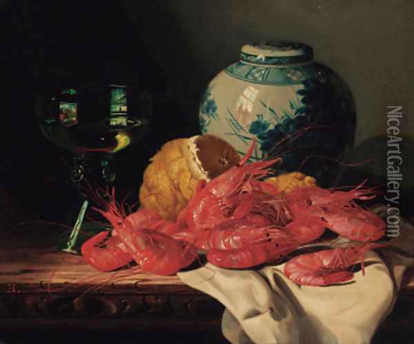 Shrimps, a peeled lemon, a glass of wine and a blue and white ginger jar, on a draped table Oil Painting - Edward Ladell