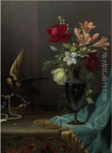 Vase Of Mixed Flowers With A Dove Oil Painting - Martin Johnson Heade