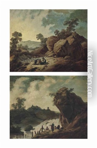A Rocky Landscape With Shepherds At Rest (+ A Rocky River Landscape With Washerwomen Beside A Waterfall; Pair) Oil Painting - Jean Baptiste Pillement