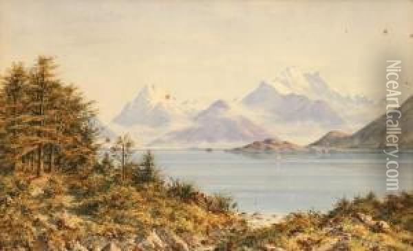 Lake And Mountain View Oil Painting - Charles Decimus Barraud