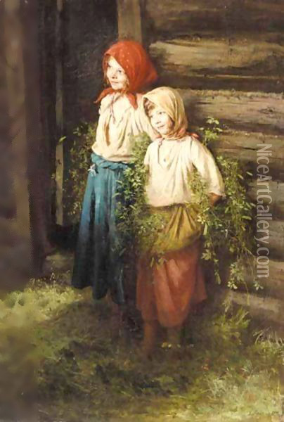Two Young Peasant Girls Oil Painting - Kirill Vikentevich Lemokh