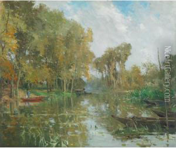 Fishermen On A Pond Oil Painting - Pierre Vauthier