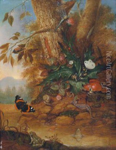 Sous-bois-stillleben Mit Schmetterling Oil Painting - Otto Marseus Snuff. Van Schrieck