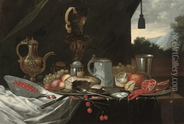 A Pie On A Pewter Platter, A Silver Beaker, A Tankard, A Pitcher, A Lobster, A Partly Peeled Lemon, Peaches, Grapes, Cherries, A Pomegranite, And A Porcelain Bowl Of Strawberries O Oil Painting - Jan Davidsz De Heem