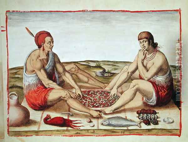 Indians eating a meal, page 77 from Admiranda Narratio..., engraved by Theodore de Bry (1528-98) 1585-88 Oil Painting - John White