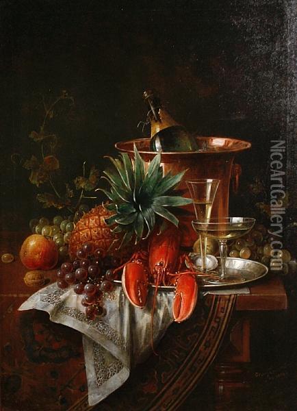 Still Life Of Champagne, Lobster Andfruit Oil Painting - Hans August Lassen