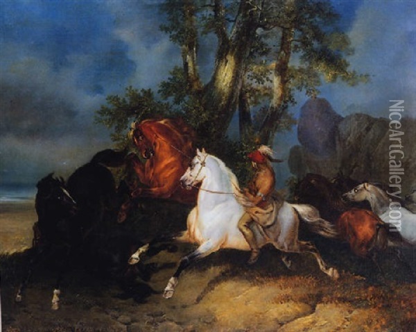Indianer Beim Einfangen Von Wildpferden Oil Painting - Johann Georg Volmar