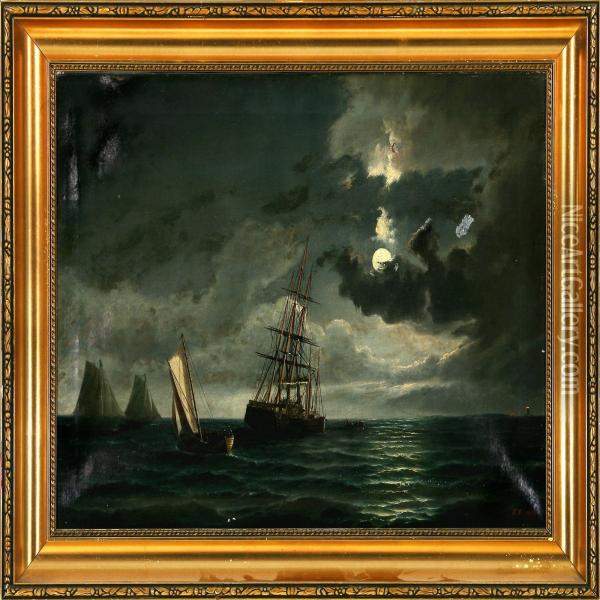 Marine With Salvage Operation In Moonlight Oil Painting - Peder Nielsen Foss