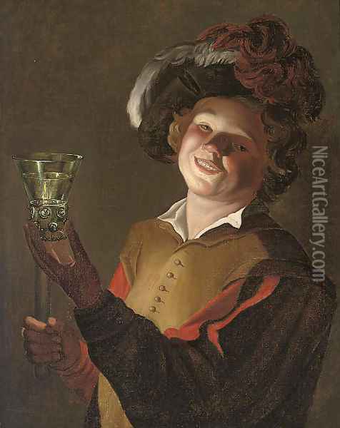 A laughing man, a roemer of wine in his left hand Oil Painting - Gerrit Van Honthorst