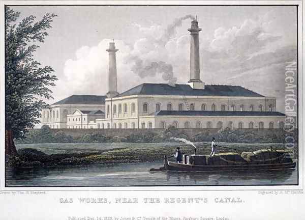 Gas Works, near the Regents Canal, engraved by A. McClatchie, 1828 Oil Painting - Thomas Hosmer Shepherd