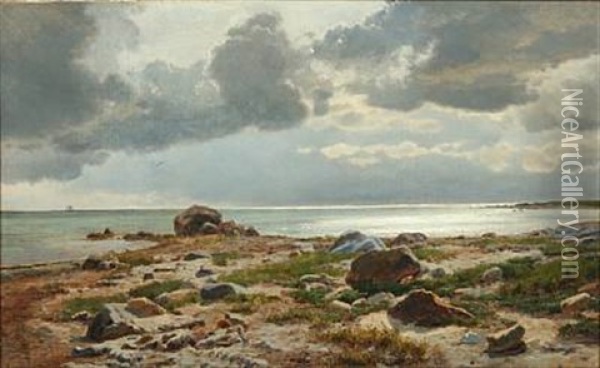 Coastal Scene With Big Rocks On The Beach At Vosnaes, Kalo Vig (study) Oil Painting - Janus la Cour