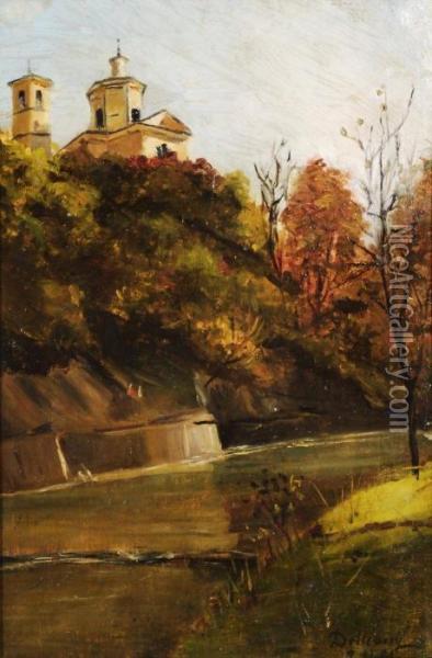 Scuola Di Paesaggio Con Fiume Oil Painting - Lorenzo Delleani