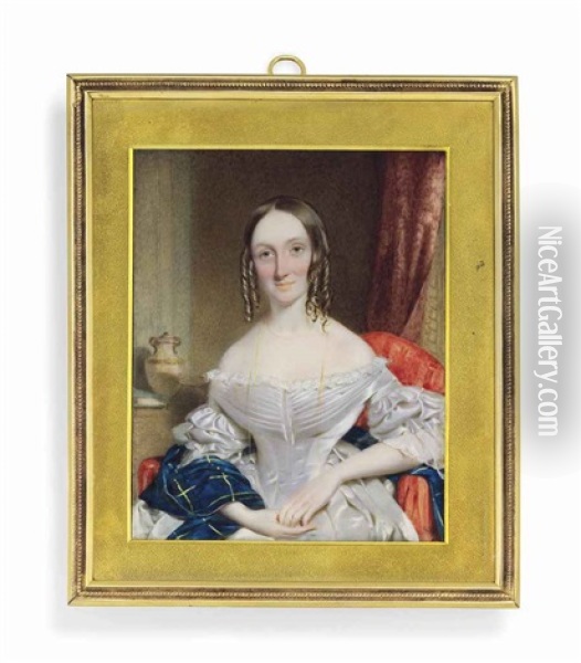 A Young Lady, In White Silk Dress With Lace Sleeves And Tartan Shawl, Thin Gold Necklace, Her Centre-parted Hair In Ringlets; Red Curtain, Striped Red Chair, Vase Oil Painting - William Egley