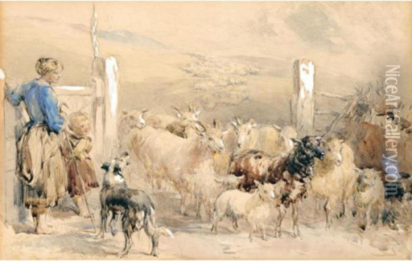Highland Drovers; A Shepherdess Oil Painting - John Frederick Tayler