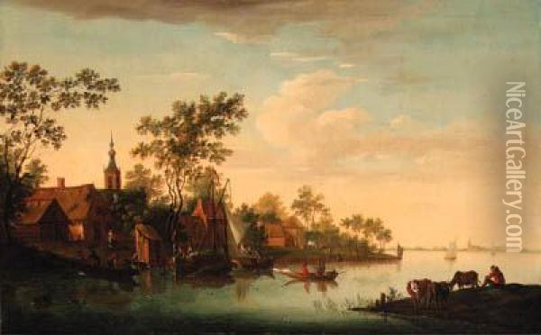 A Village On A River Oil Painting - Jacob Van Stry