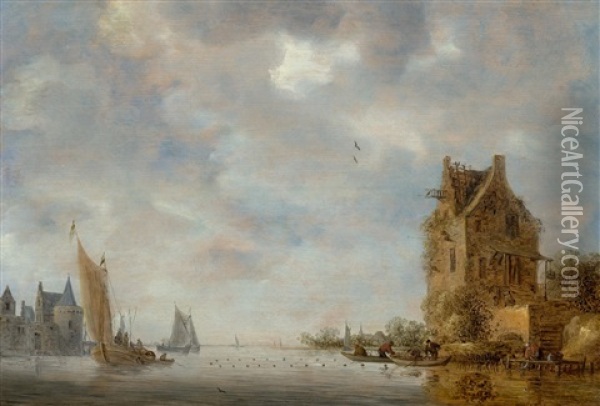 River Scene With Sailing Boats And Houses Oil Painting - Frans de Hulst
