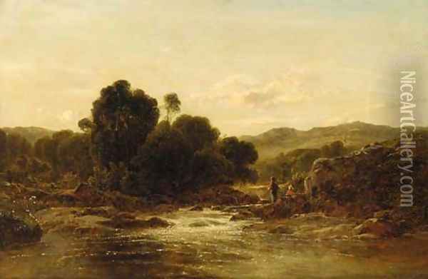 An angler in a rocky river landscape Oil Painting - George Vicat Cole