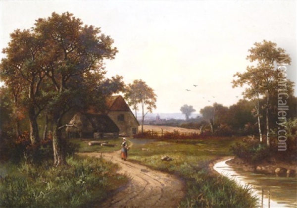 Figure In A Landscape Before A Cottage Oil Painting - Hendrik Pieter Koekkoek