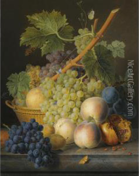 A Still Life With Grapes And Peaches In A Basket, An Open Pomegranate, Plums, Black Grapes And More Peaches, All On A Marble Ledge Oil Painting - Jan Frans Van Dael