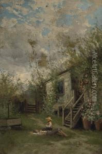 Two Children Resting By A House (spring) Oil Painting - Alfred C. Rodriguez