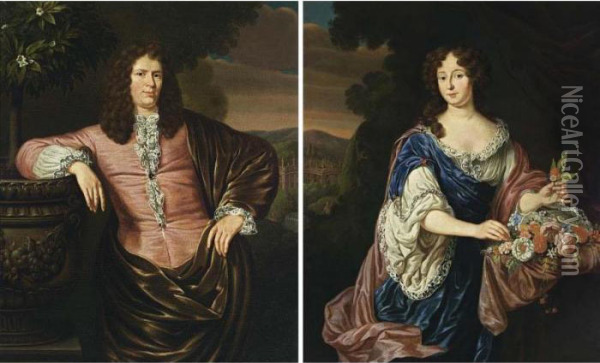 A Portrait Of A Gentleman, 
Standing Three-quarter Length, Wearing A Pink Satin Suit With White 
Chemise And A Brown Velvet Cloak; A Portrait Of His Wife, Standing 
Three-quarter Length, Wearing A Blue Satin Dress With A White Underdress
 And A Pink S Oil Painting - Michiel van Musscher
