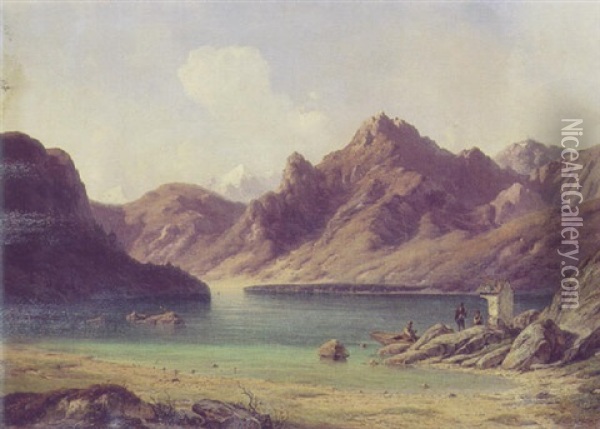 Bjergrigt Landskab Med Personer Ved Et Alter Ved Kanten Af En So Oil Painting - Georg Emil Libert