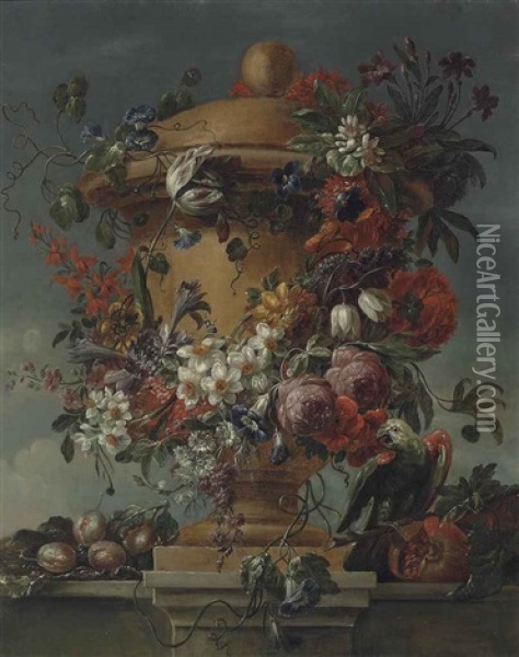 A Garland Of Roses, Narcissi, Morning Glory And Other Flowers On An Urn, With A Parrot, A Pomegranate And Plums On A Stone Ledge Oil Painting - Jacobus Melchior van Herck