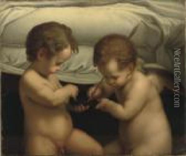 Two Putti Playing With An Arrow Before A Bed Oil Painting - Correggio, (Antonio Allegri)