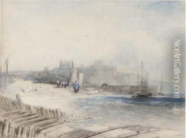 Fisherfolk On The Shore Below Dover Castle Oil Painting - Alfred Gomersal Vickers
