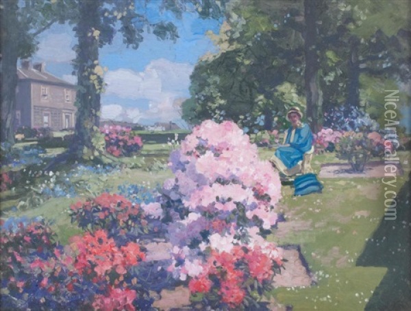 Janet Ferguson (nee Weir) In The Garden, Summertime Oil Painting - George Houston