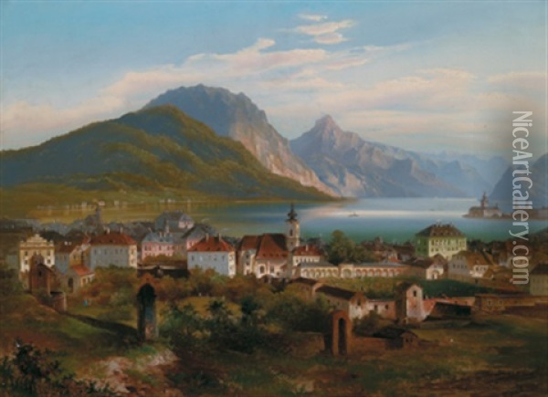 Blick Auf Gmunden Oil Painting - Johann Wilhelm Jankowski