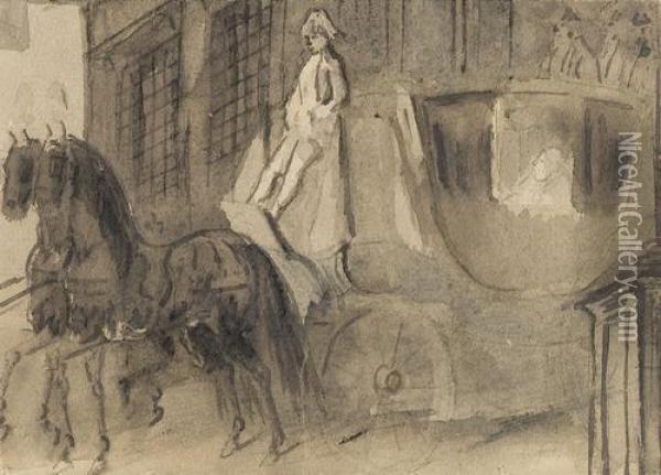 Zweispannige Kutsche Bei Der Ausfahrt Aus Einem Stadtpalais Oil Painting - Constantin Guys