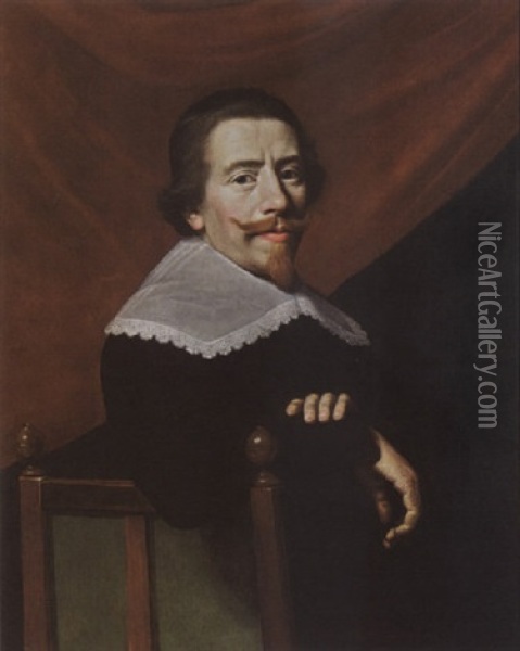 (self-portrait?), Wearing A Black Costume With White Lace Collar, On A Chair, A Red Curtain Behind Oil Painting - Jacob Van Hasselt