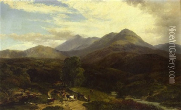 An Extensive Welsh Landscape With Cattle In The Foreground Oil Painting - George Shalders