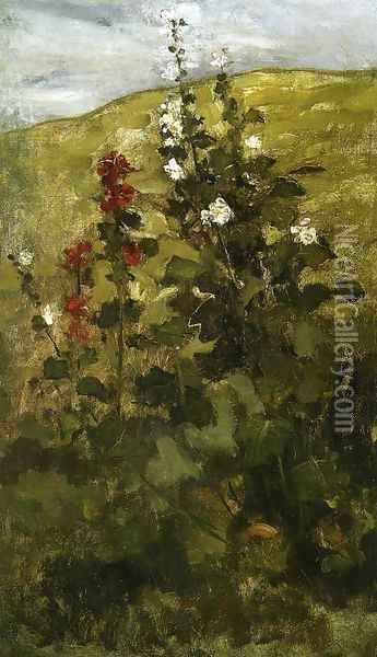 Hollyhocks Oil Painting - John Henry Twachtman
