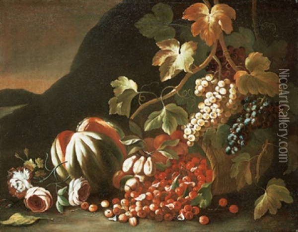 Natura Morta Con Melone, Uva E Un Cesto Di Ciliege Oil Painting - Giuseppe Ruoppolo