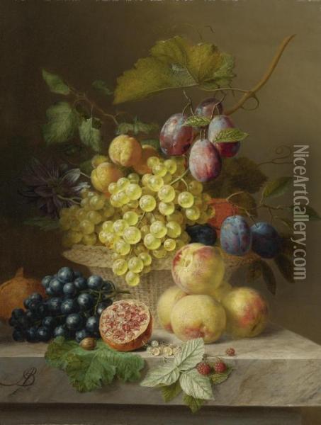 Still Life Of Flowers And Fruit On A Ledge Oil Painting - Arnoldus Bloemers