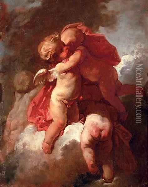 Four putti on a cloud Oil Painting - Jean-Honore Fragonard