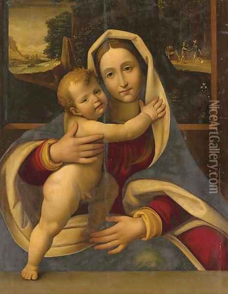 The Madonna and Child with travelers in a landscape Oil Painting - Andrea Solario