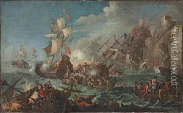 A Sea Battle With Men Boarding A Floundering Man-of-war Near A Clifftop Fortress Oil Painting - Johann Eismann