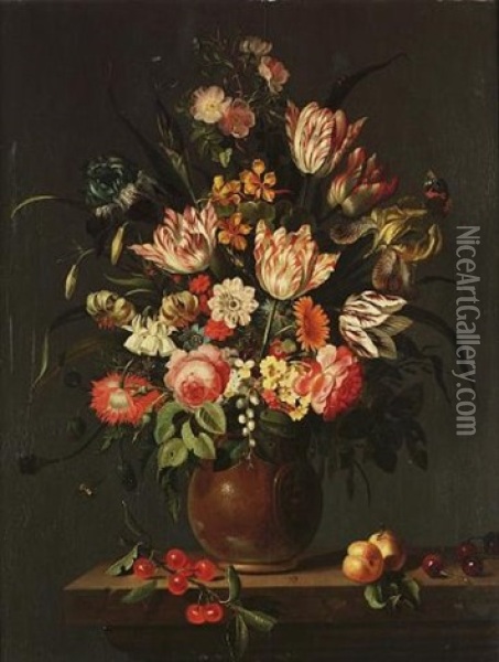 Tulips, Roses, Irises And Other Flowers In A Rhenish Stoneware Jug With Applied Medallion, Beside Cherries And Nectarines On A Marble Ledge With A Butterfly, A Bee, Dragonflies And Other Insects Oil Painting - Jacob Marrel