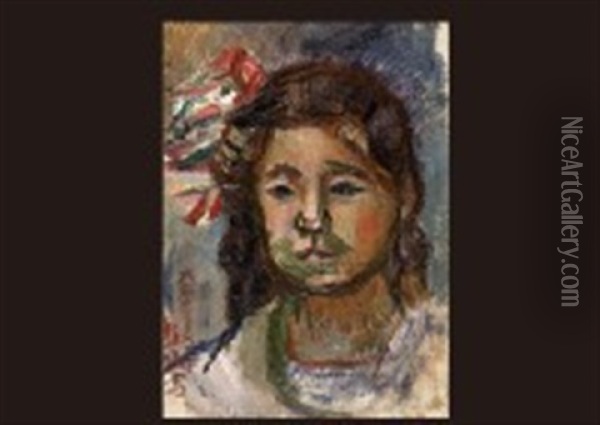 Girl With Ribbon Oil Painting - Kumaji Aoyama
