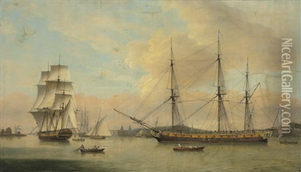 The Monsieur In Two Positions Off Deptford Dockyard, With Greenwich Beyond Oil Painting - Thomas Luny