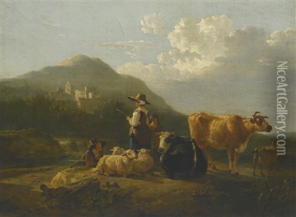 A Pastoral Landscape, With Two Shepherds With Their Sheep And Cattle By A River, A Ruined Castle And Mountains Beyond Oil Painting - Jacob Van Stry