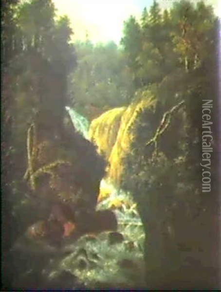 Wasserfall In Einer Felsschlucht Oil Painting - Simon Warnberger