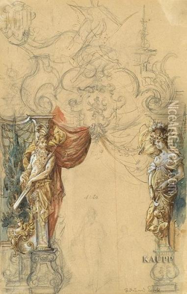 Entwurfsskizze Im Masstab 1:20 Mit Allegorischen Figuren Oil Painting - Eduard Sack